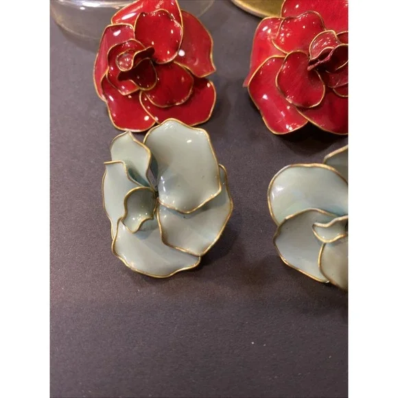 Vintage By Bohmer Red & Blue Enamel 3D Floral Clip-On Earrings Original Box - Picture 3 of 16
